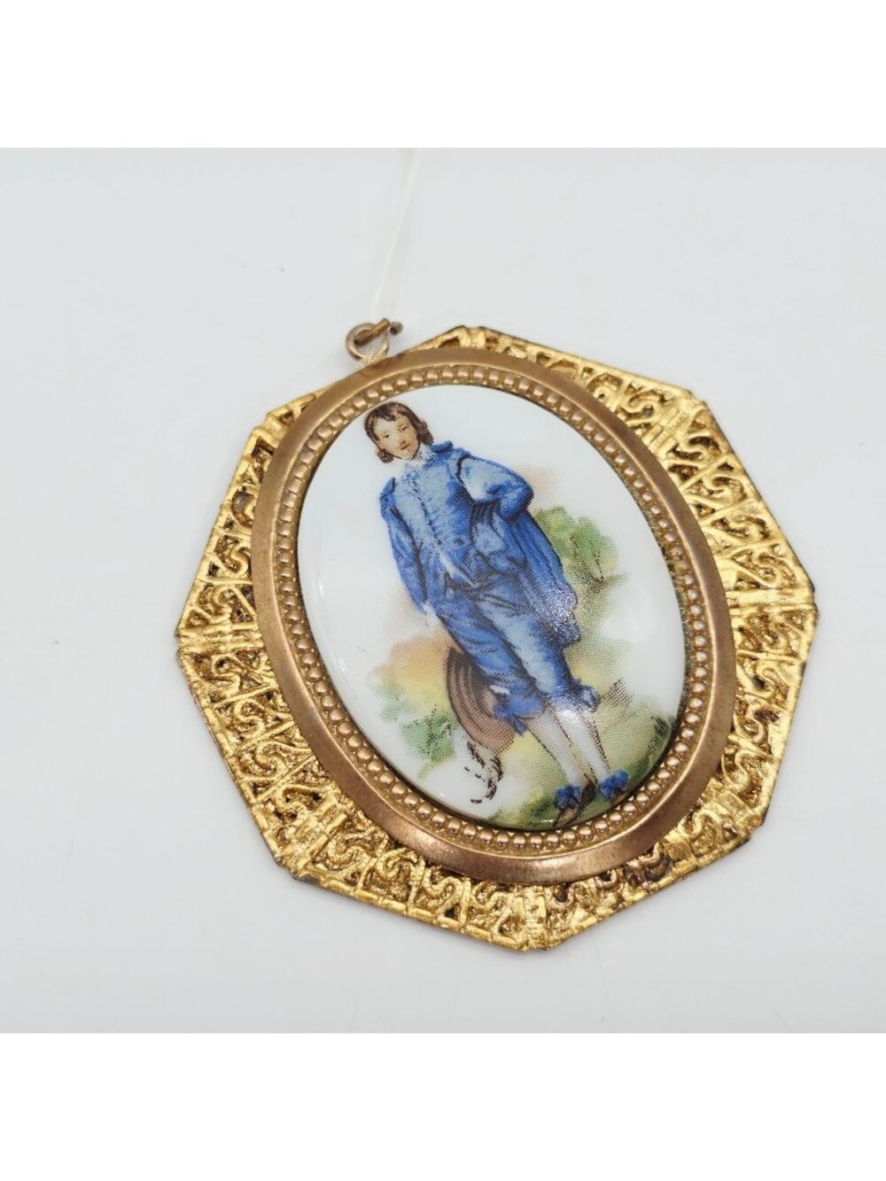 Vintage Gold-Tone Frame Pendant With Blue Boy Porcelain Cameo Oval Design 2"